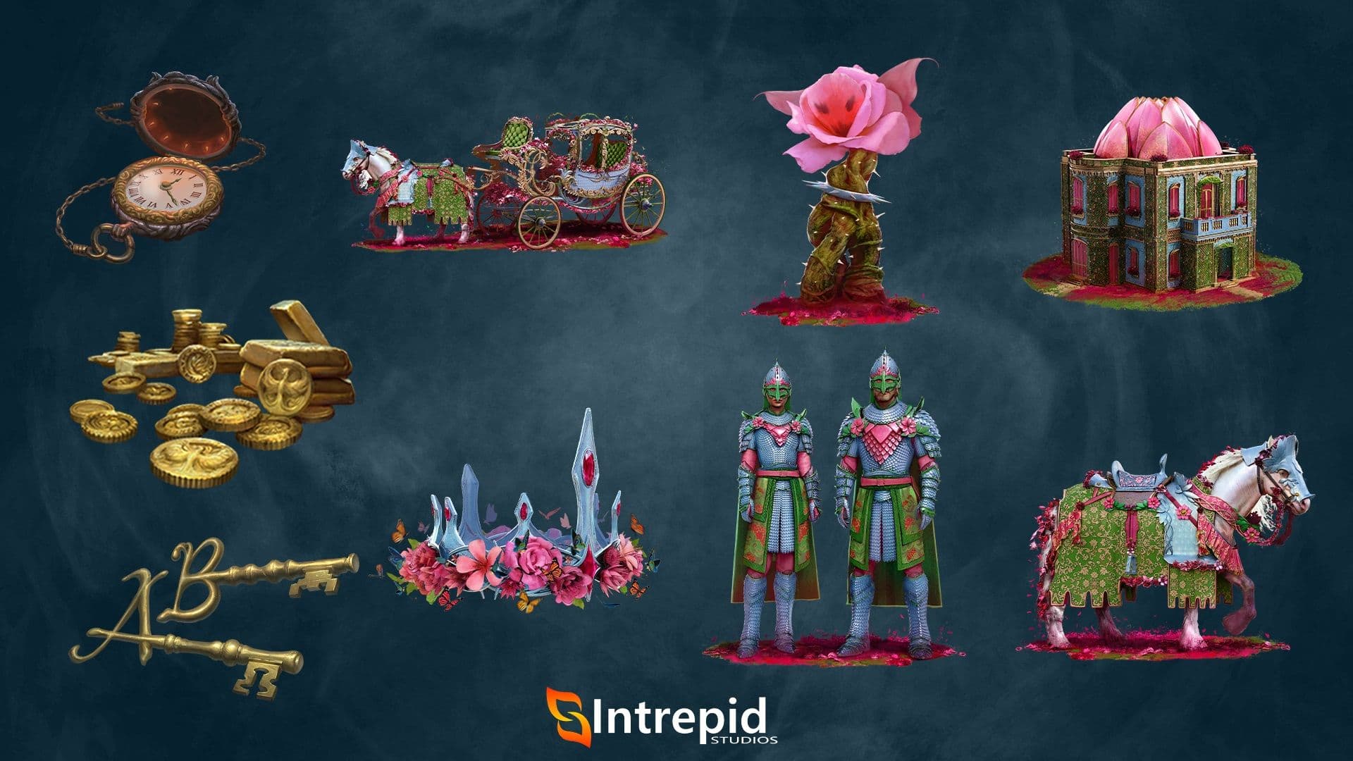 Teal background with an array of images included in the legion of the rose pre-order packages