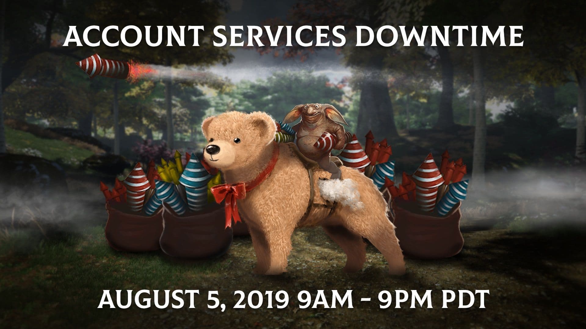 A troll with fireworks under its arm rides on the back of a giant teddy bear on all fours