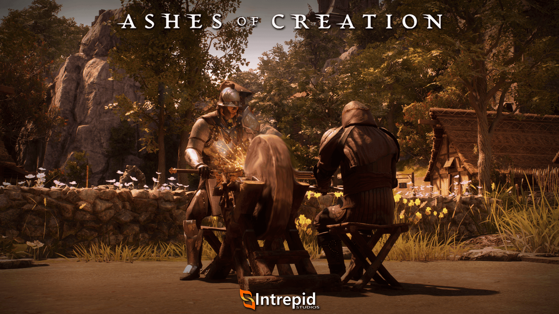 Two player characters using a device to sharpen their weapons.
