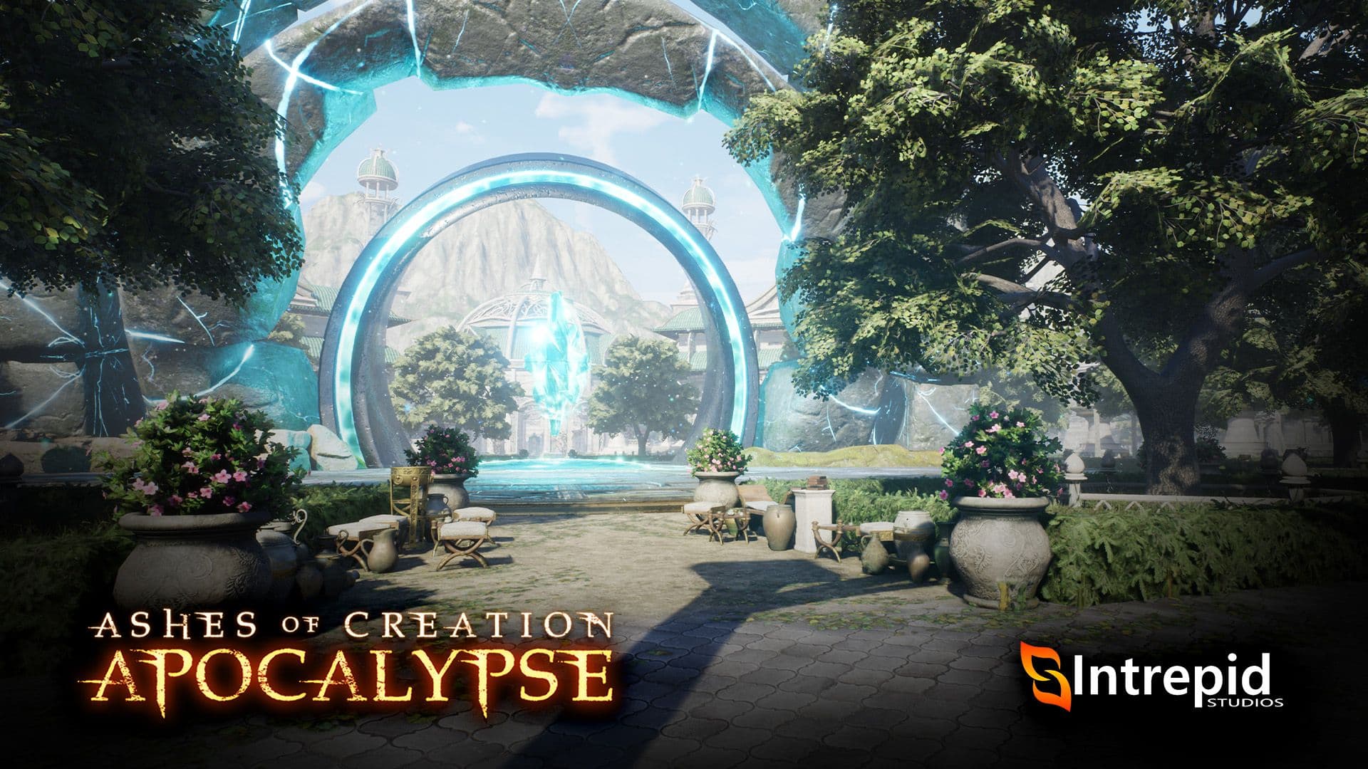 A glowing blue portal sits in a courtyard.