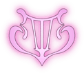 the symbol of the bard, a pink glowing harp with a curling outer edge and 3 straight strings in the center