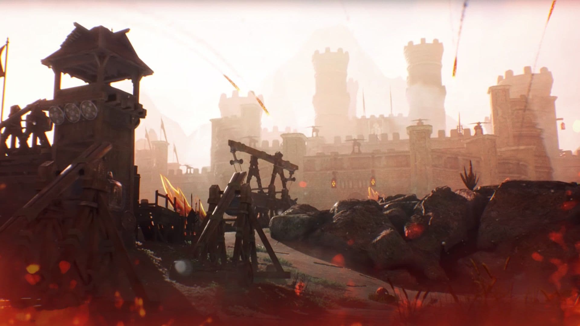 Image of a war camp erected outside of a castle ready to do battle. The castle in question can be seen in the background, surrounded by mist.