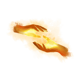 Two glowing red and yellow hands with open palms facing one another