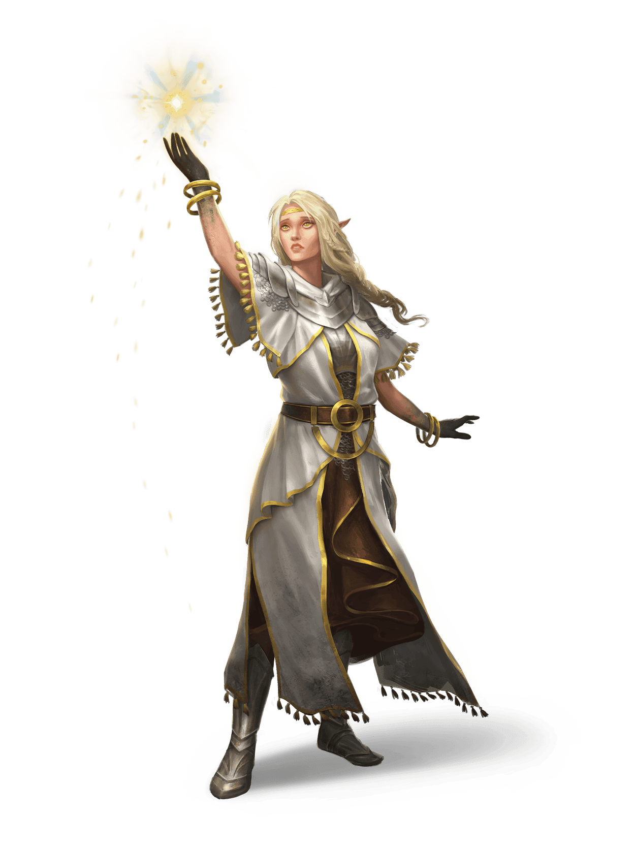 Female empyrean elf in white clothes with hand extended to the sky with a magical glow coming from her palm