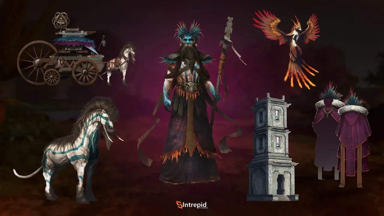 Purple background with an array of images included in the pilgrimage of the diviner pre-order packages