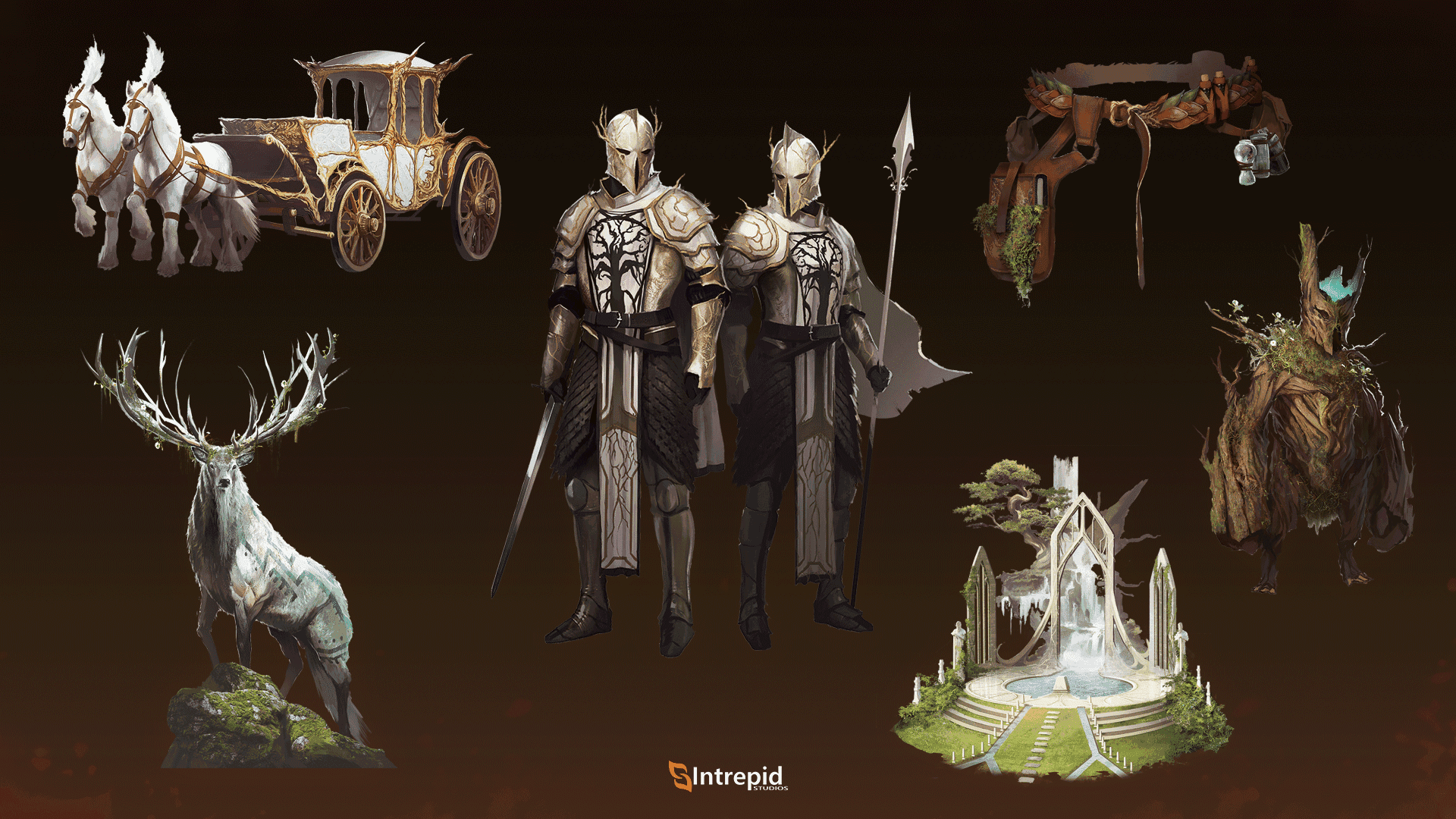 Brown background with an array of images included in the groves of slumbering shade pre-order packages