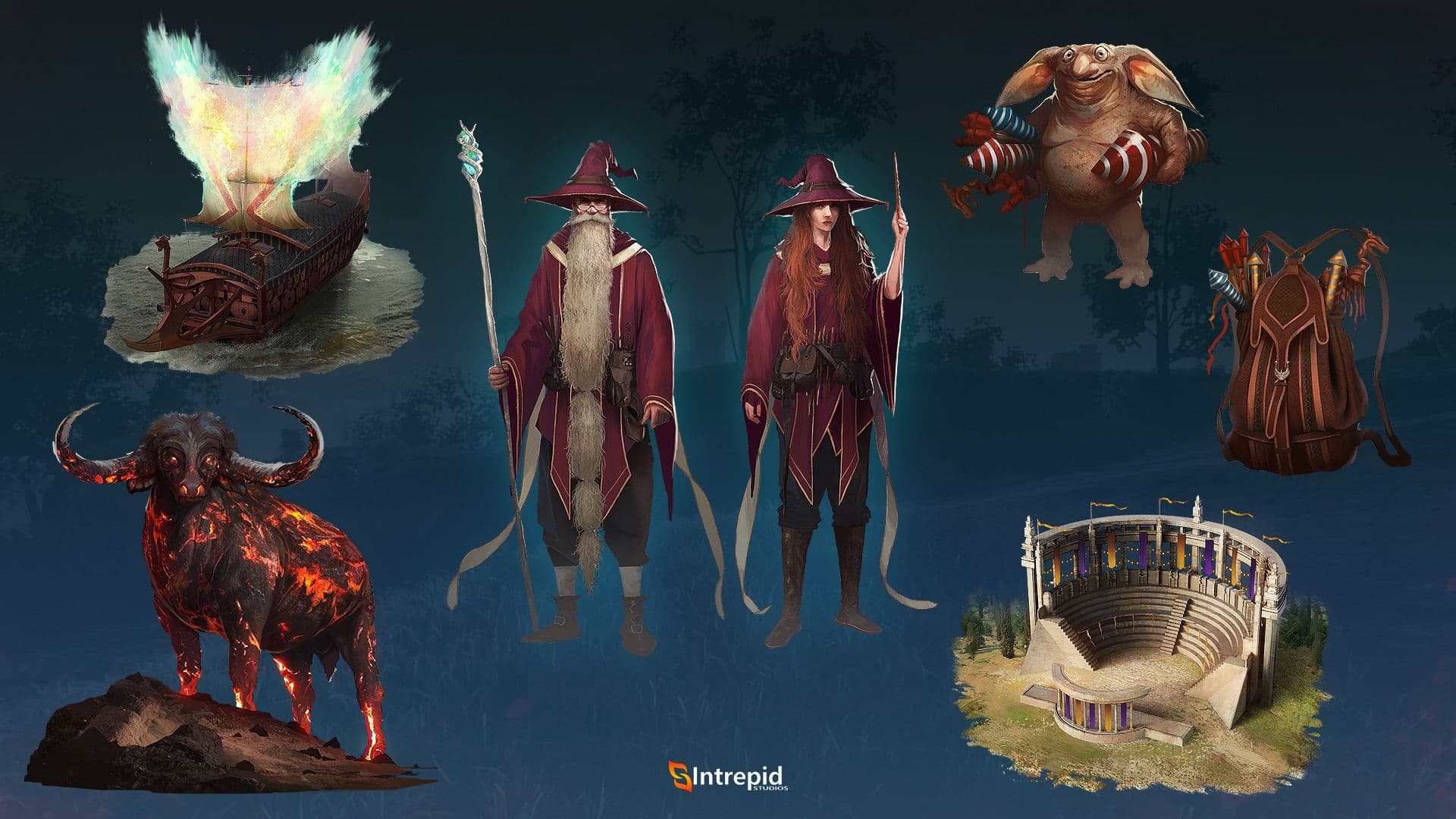 Blue background with an array of images included in the maestros of merriment pre-order packages