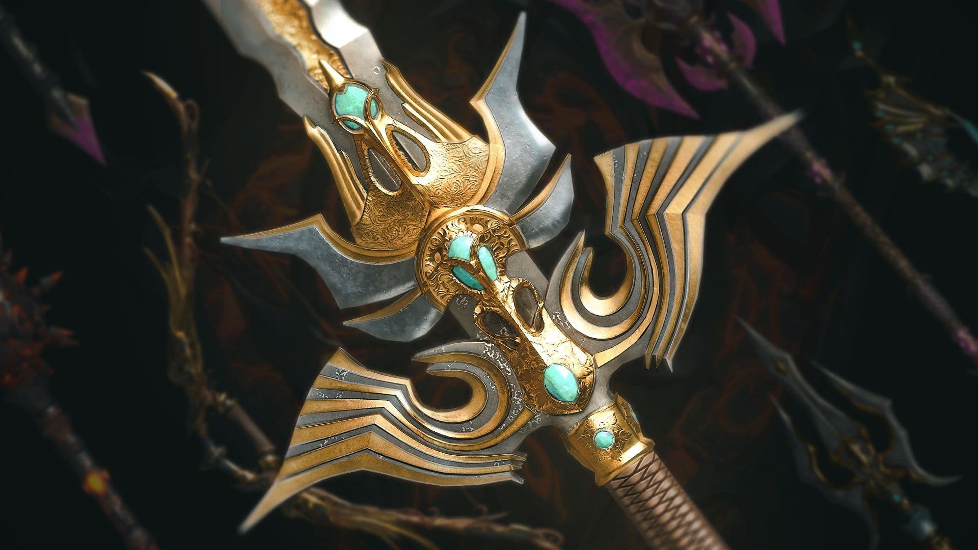 A sword hilt made of solid silver and gold with gems in the center.