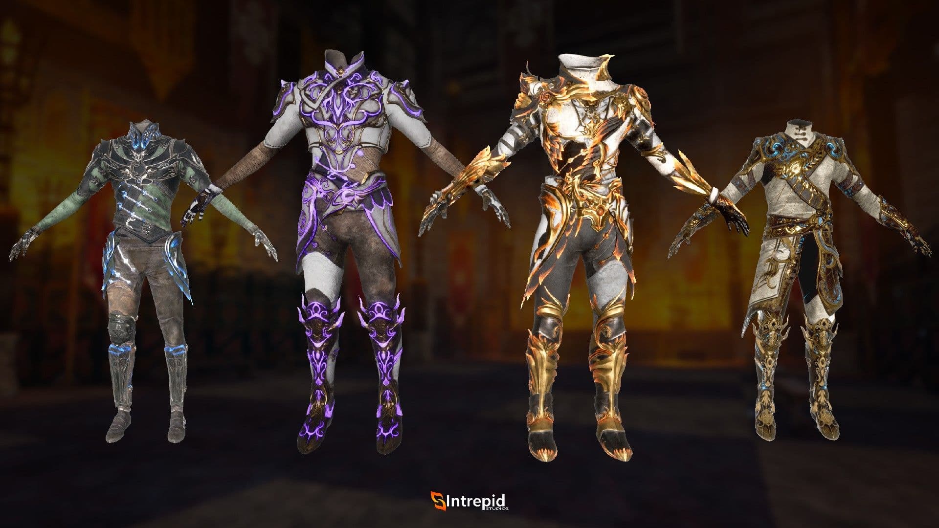 Four different suits of armor in varying colors.