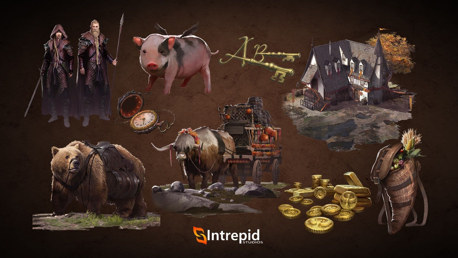 Brown background with an array of images included in the bounties of the verdant keeper pre-order packages