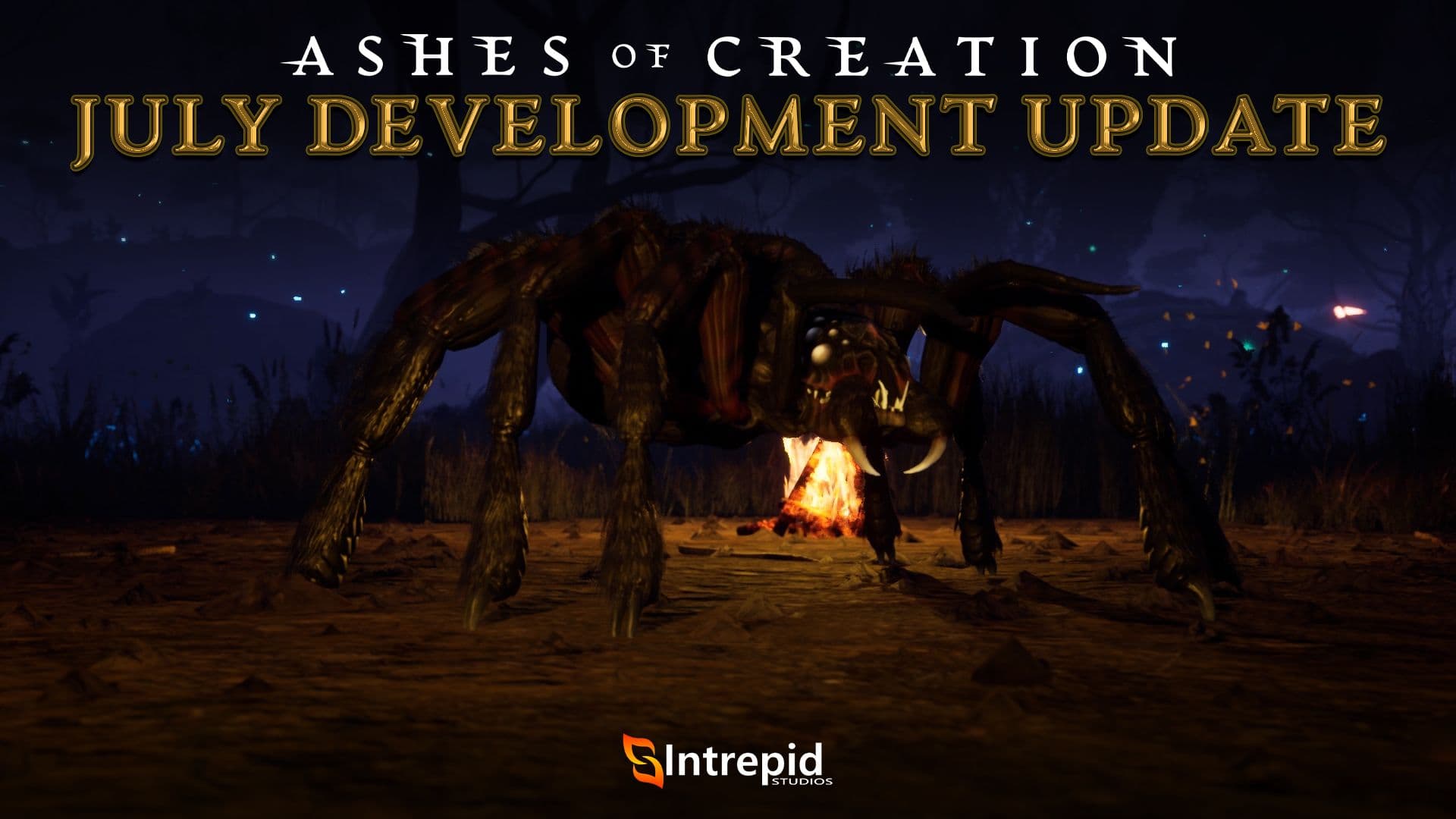 Hairy boar faced tarantula stands in a forest at night with a campfire roaring in the background.