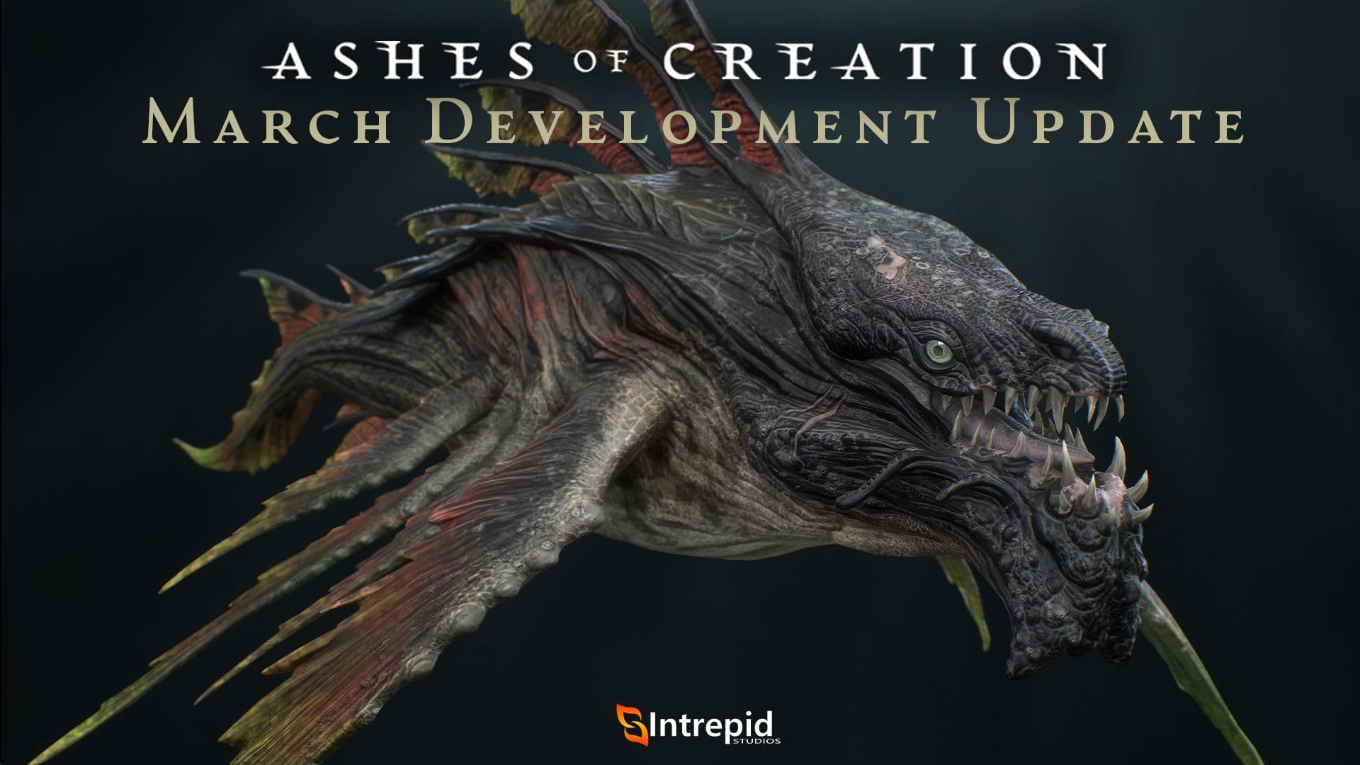 A giant fish creature with 8 red, yellow, and brown fins swims with its mouth of razor-sharp teeth open and on display.