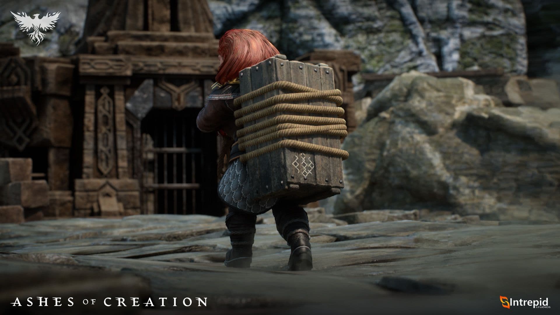 A dwarf carrying a crate on their back walking towards a gated area.