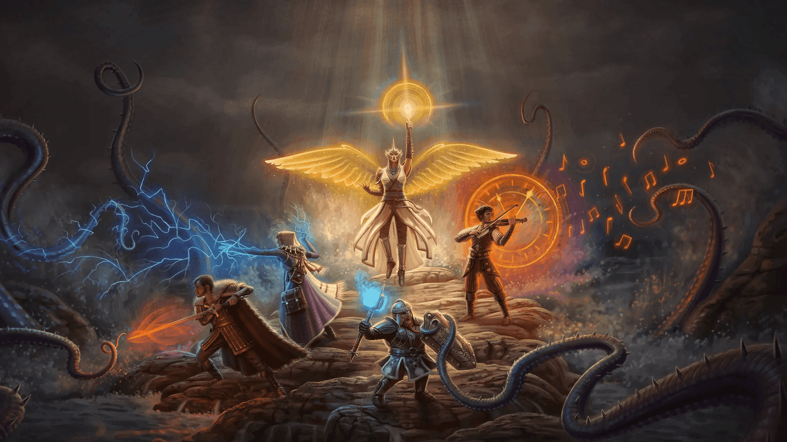 Heroic scene of a battle between monster tentacles and a party of a cleric, bard, mage, fighter, and tank.