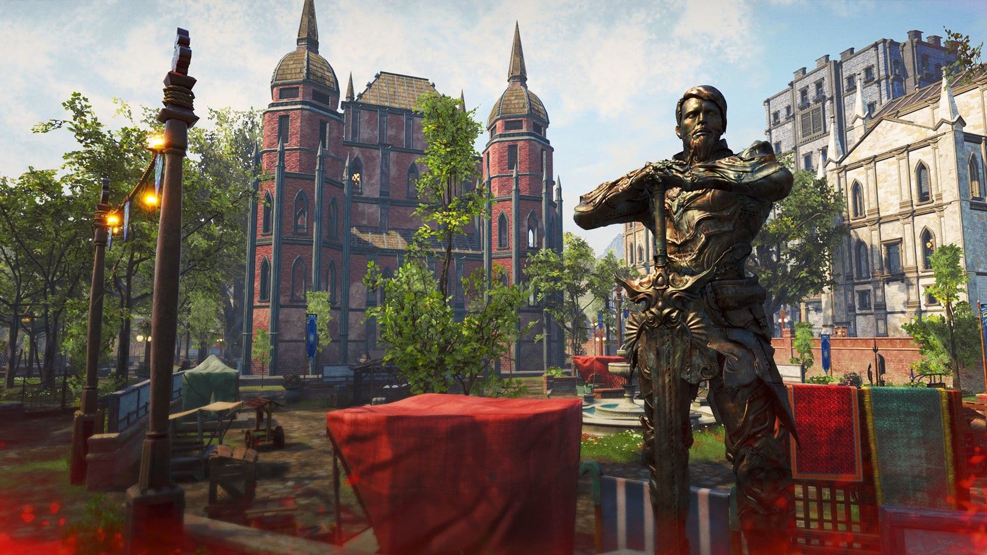 A bright sunny day in a village with red and white building and a bronze statue of a hero with a sword.