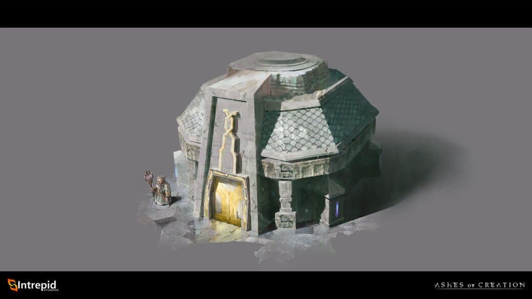 A hexagonal dome with a golden door and Dünir standing outside of it