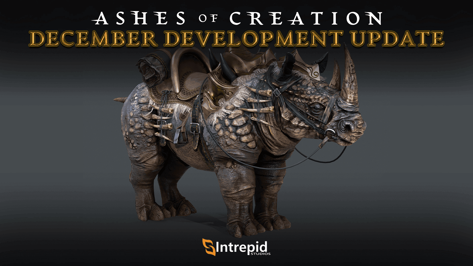 A war rhino covered in bones and fur stands with a saddle on its back.