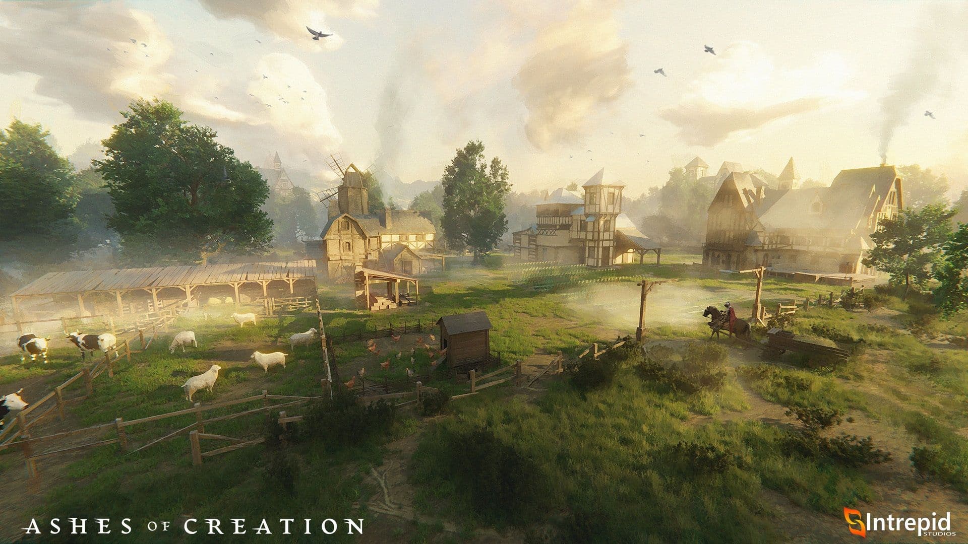 A bright farm scene with sheep behind a fence, green grass, and birds in the sky