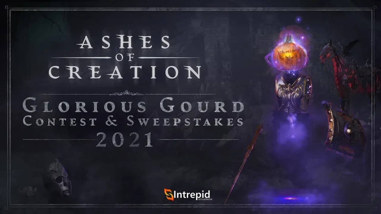 Jack-o- lantern with Intrepid phoenix carved into it glowing purple on top of a suit or armor and a spooky scene in the background.