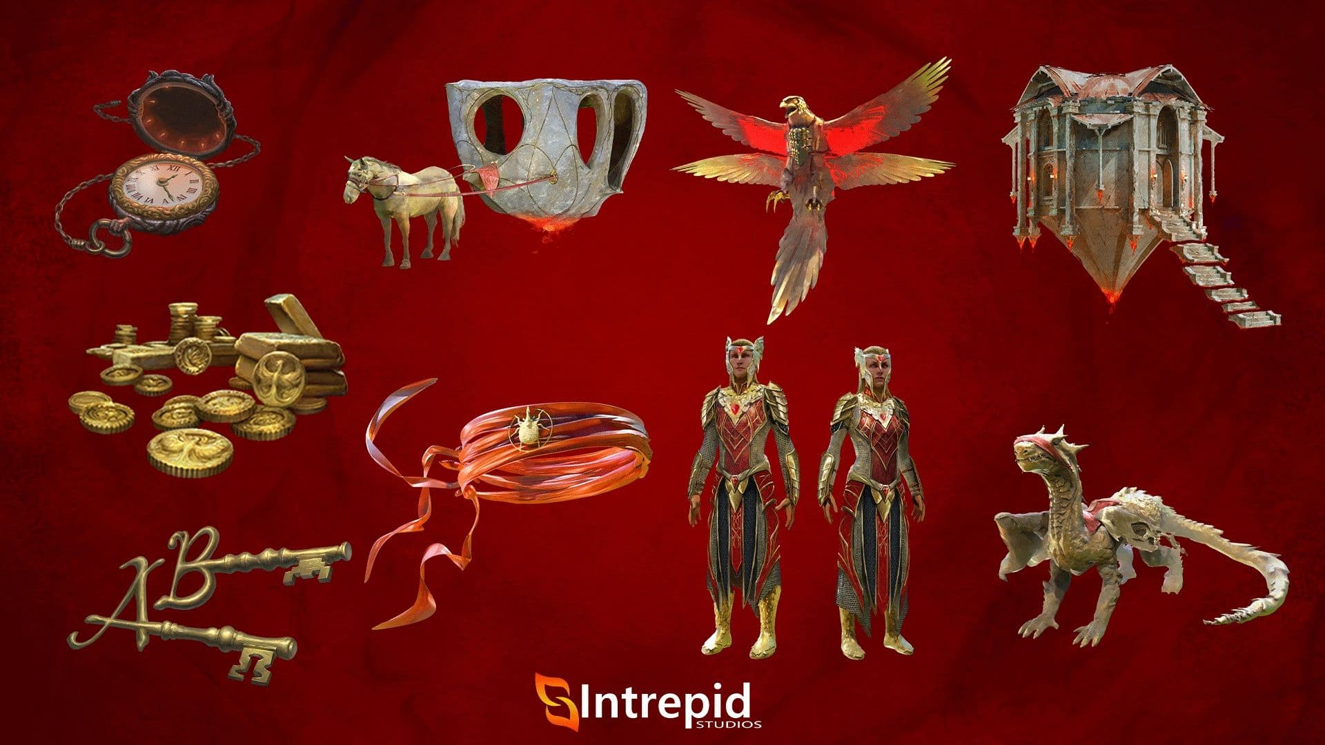 Red background with an array of images included in the windswept wonders pre-order packages