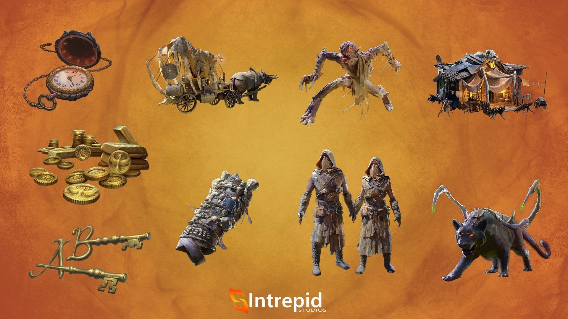 Bright orange background with an array of images included in the road to desolation pre-order packages