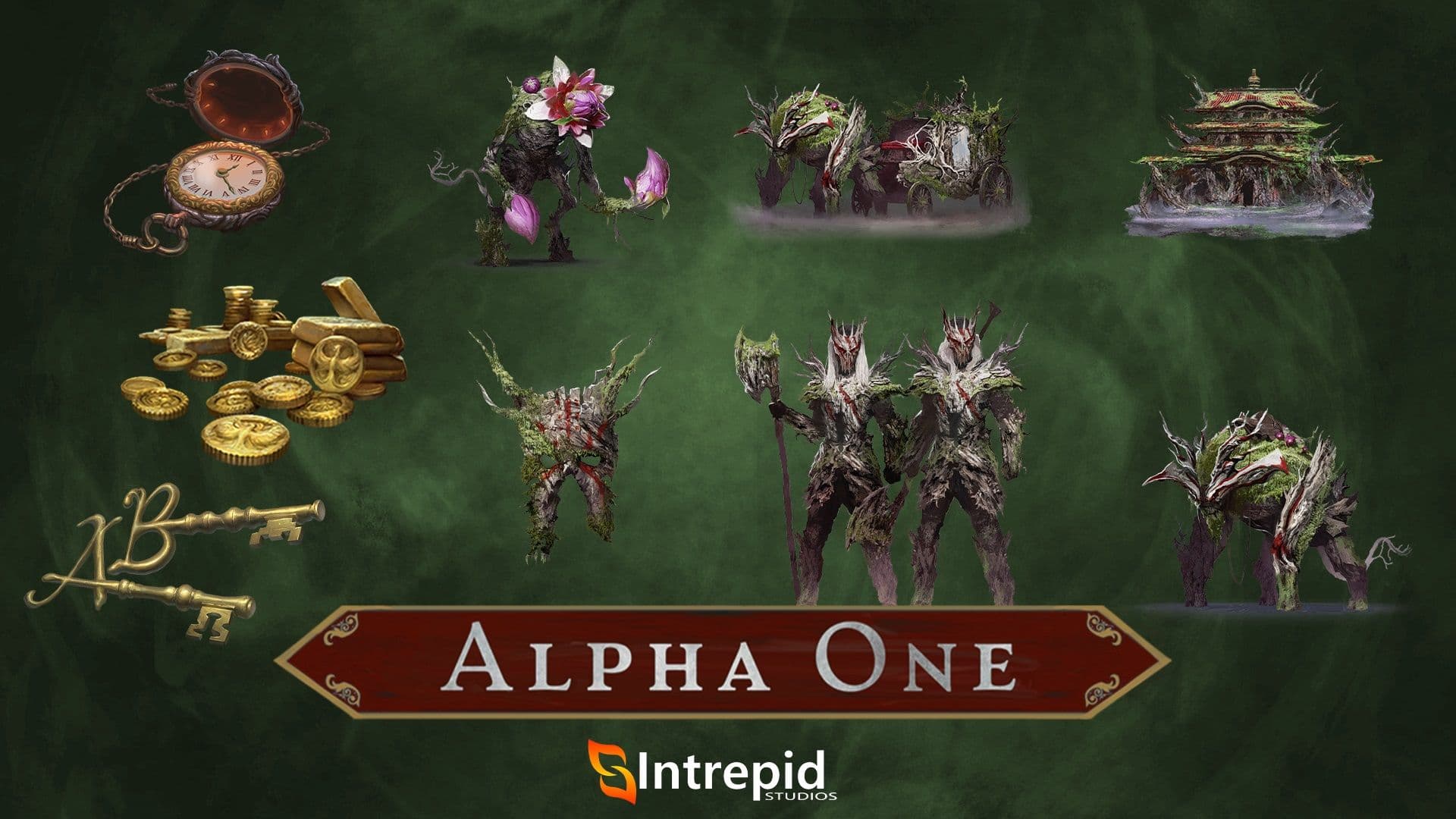 Green background with an array of images included in the seers of the blackroot pre-order packages