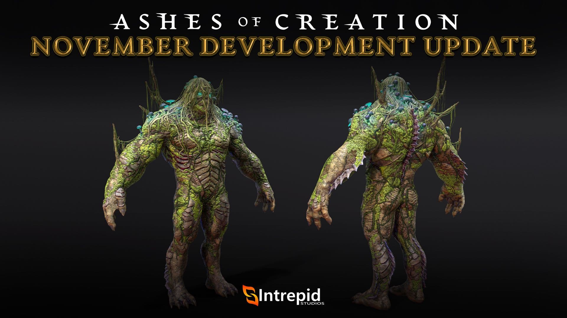 Front and back view of a giant humanoid swamp creature with vines covering its face and glowing blue eyes and mushrooms growing our of its shoulders.