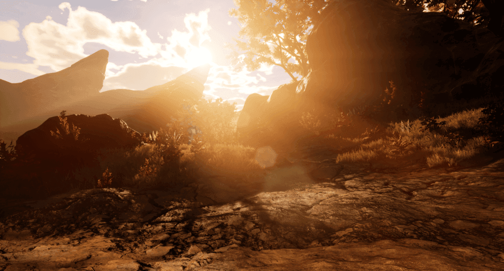 A blinding view of an orange sunset shining through a break in rocks in the distance.