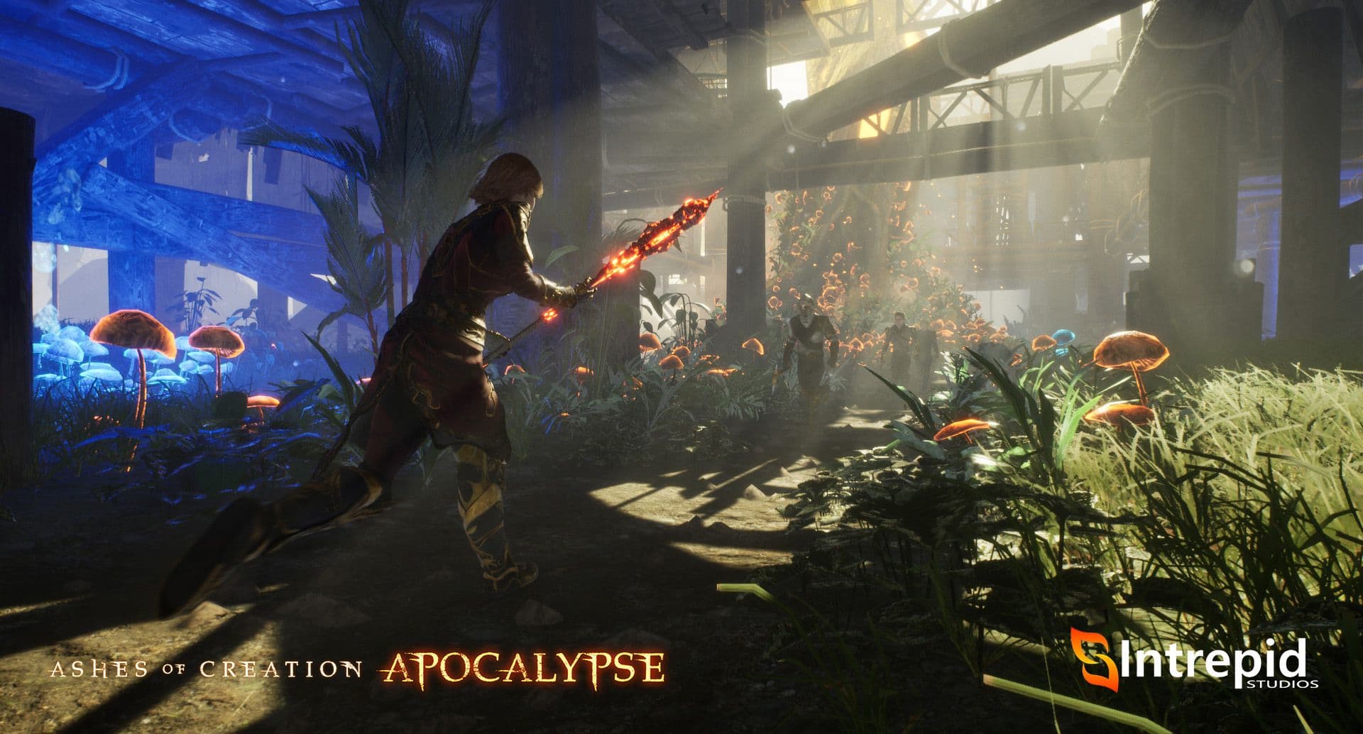 An adventurer with a glowing metal spear charges at two enemies in an abandoned building.